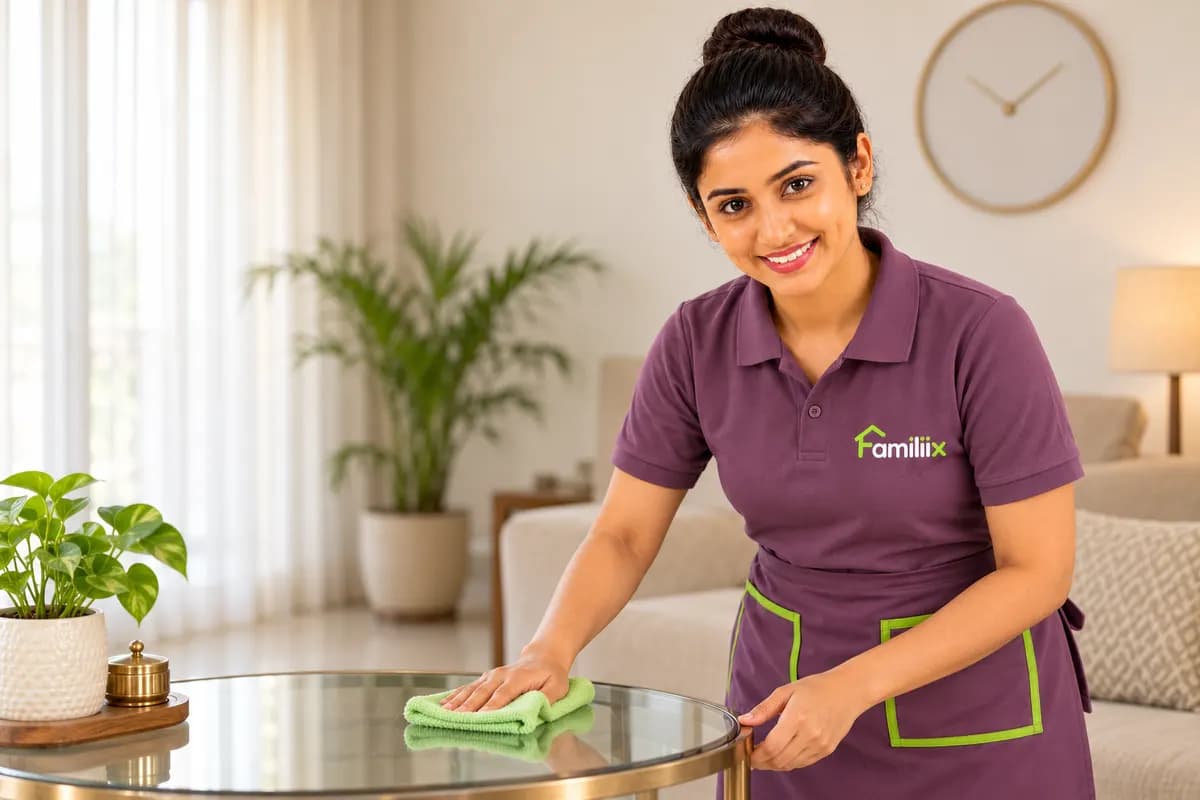 A Familiix professional in a plum uniform wiping a glass coffee table in a bright living room