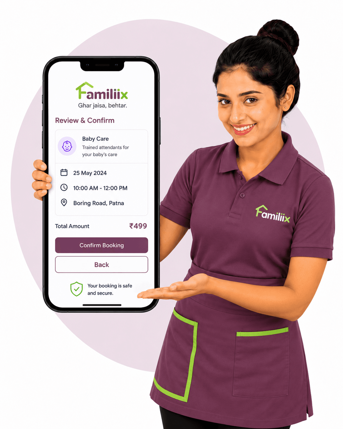 A Familiix professional presenting the booking review screen in the Familiix app